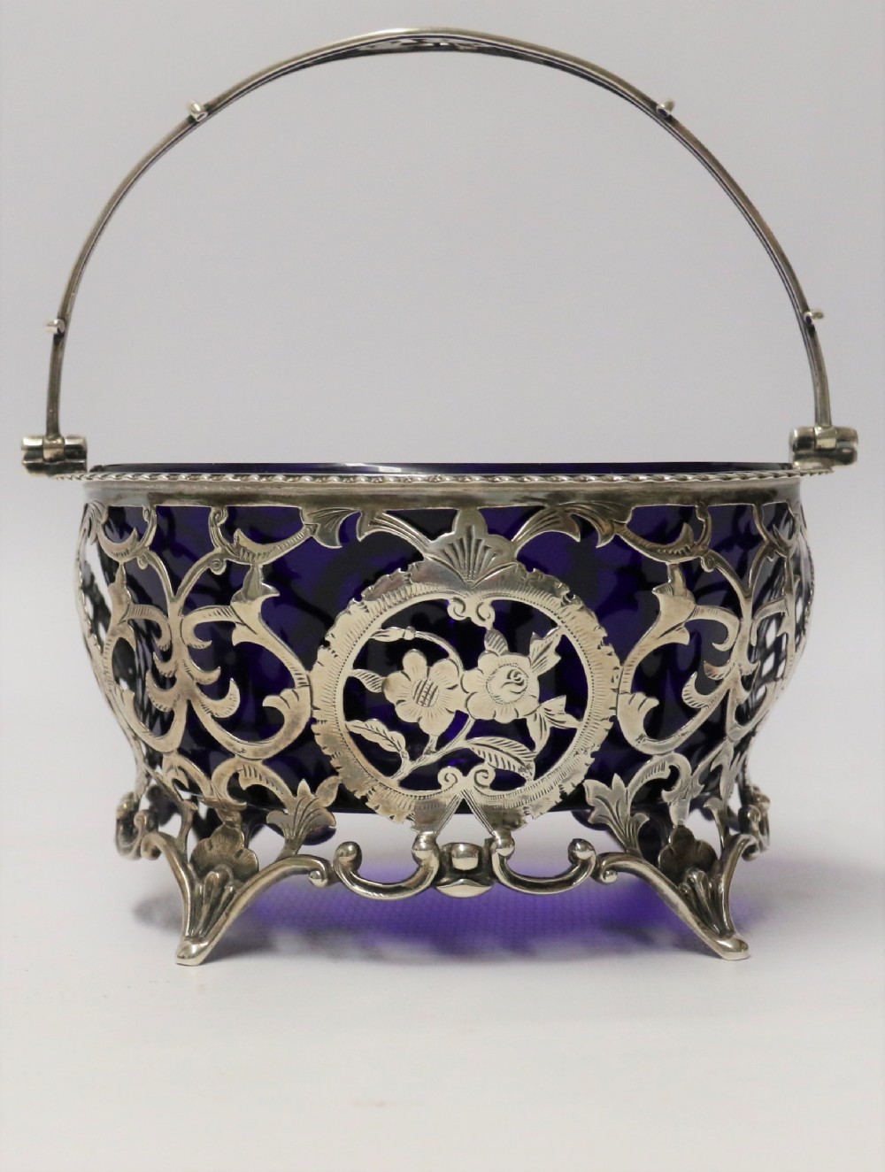 Edwardian silver sugar basket with original blue glass liner 1902 -3