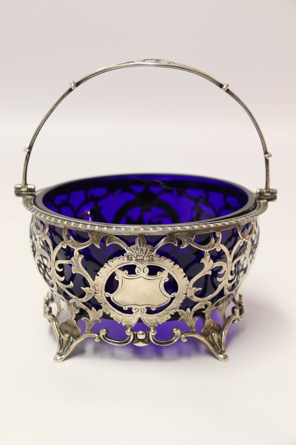 Edwardian silver sugar basket with original blue glass liner 1902 -3 View II