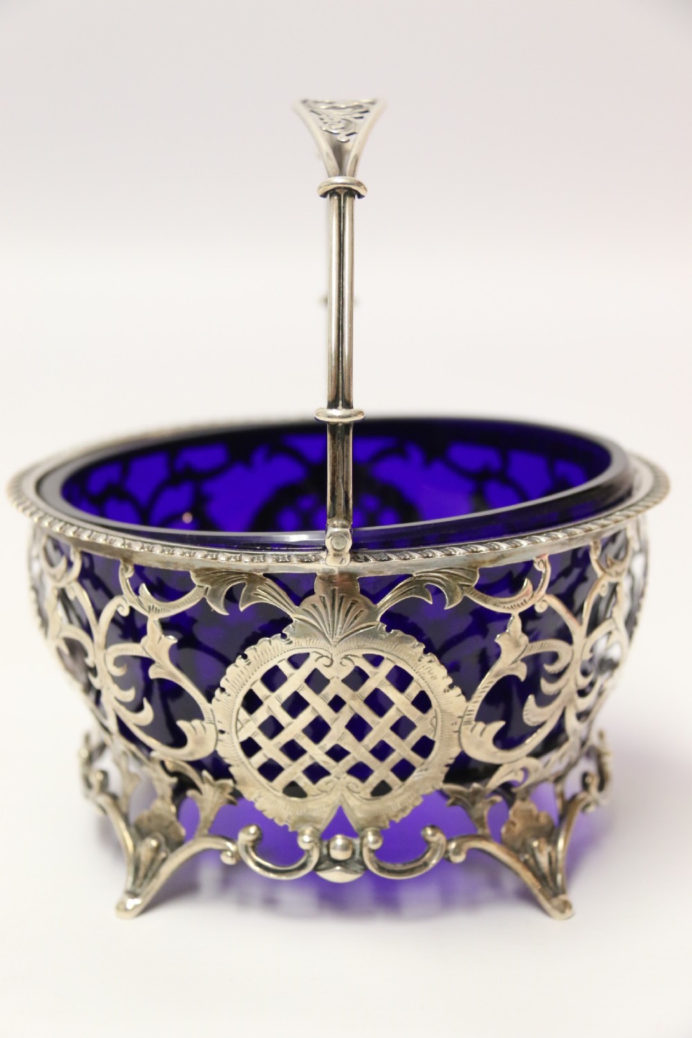 Edwardian silver sugar basket with original blue glass liner 1902 -3 View IV