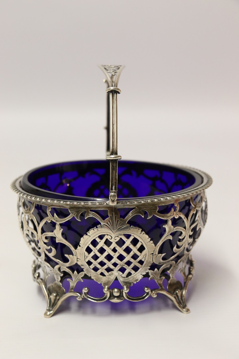 Edwardian silver sugar basket with original blue glass liner 1902 -3 View V