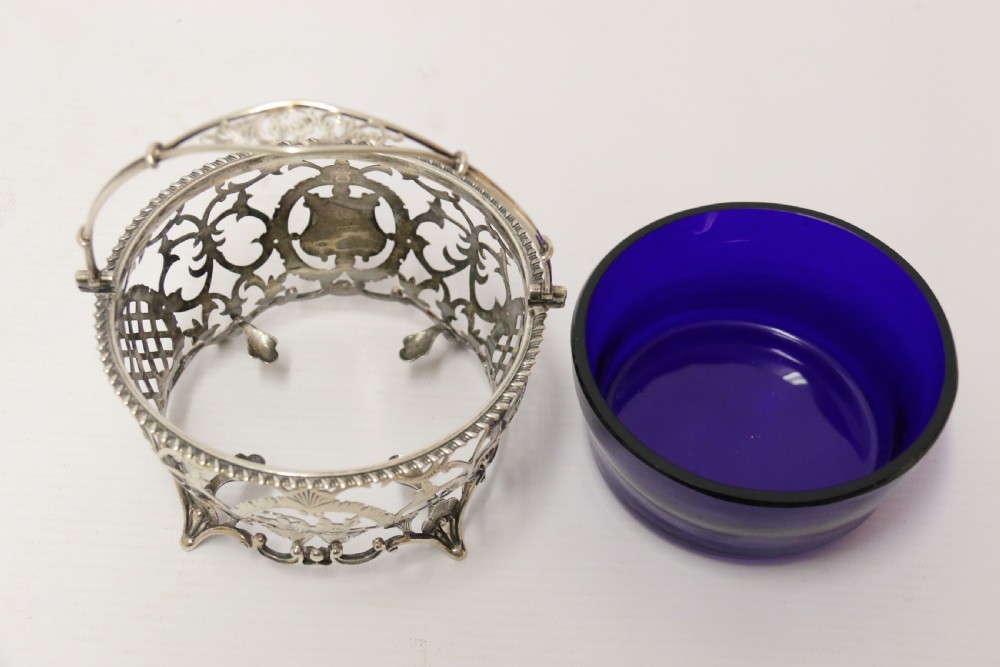 Edwardian silver sugar basket with original blue glass liner 1902 -3 View VI