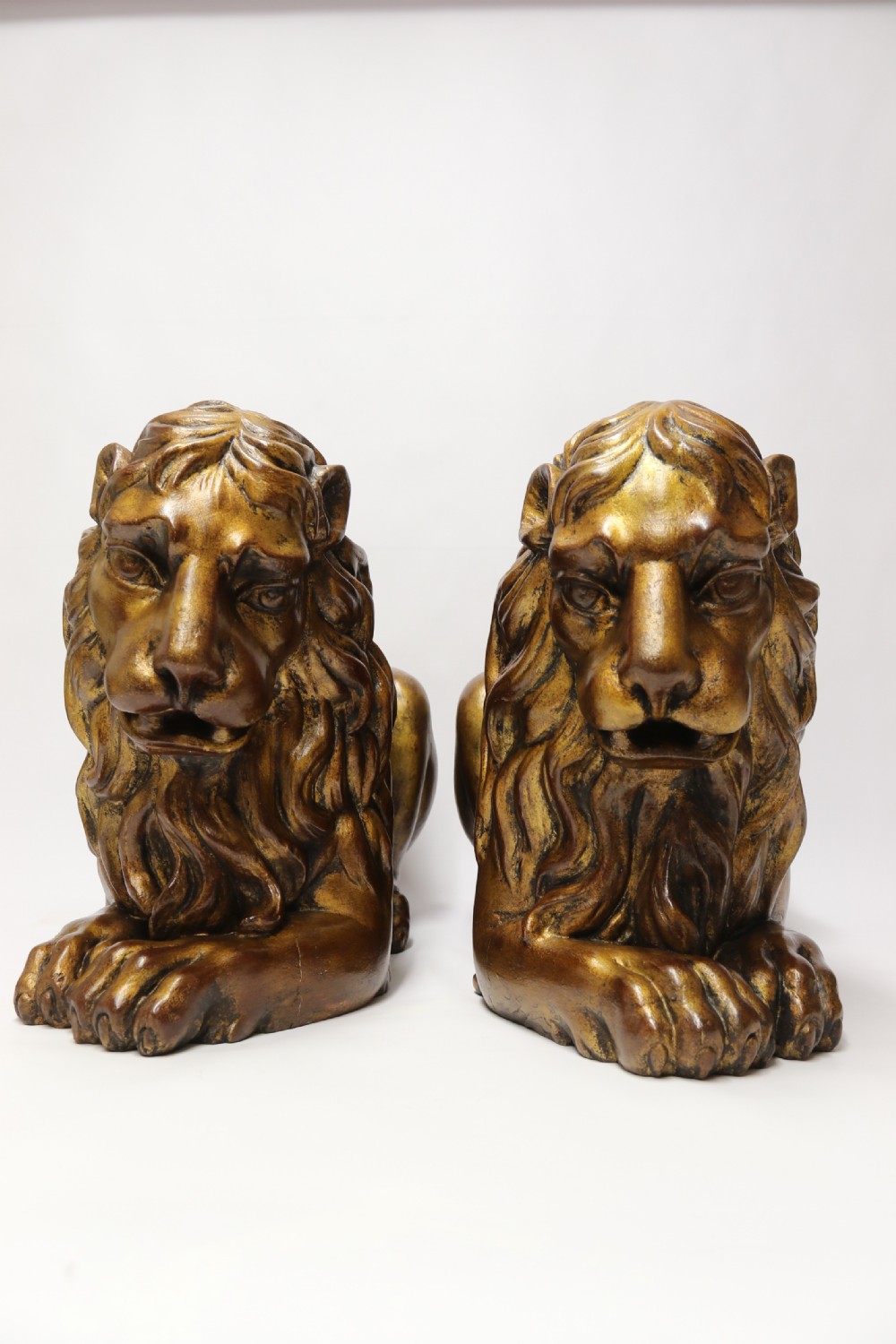 A most impressive 19th century pair of English carved gilt wood classical lions View III