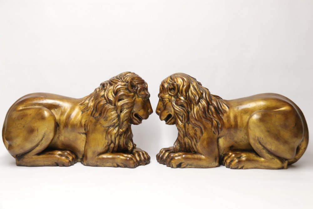 A most impressive 19th century pair of English carved gilt wood classical lions View IV