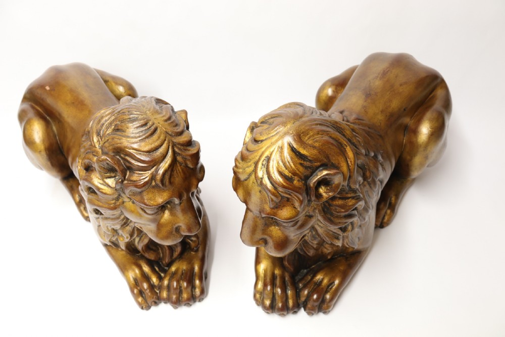 A most impressive 19th century pair of English carved gilt wood classical lions View VI