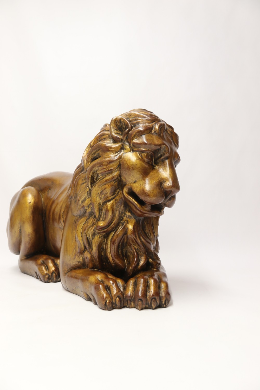 A most impressive 19th century pair of English carved gilt wood classical lions View VIII