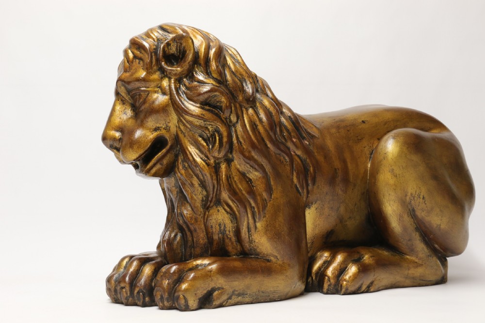 A most impressive 19th century pair of English carved gilt wood classical lions View XXIII