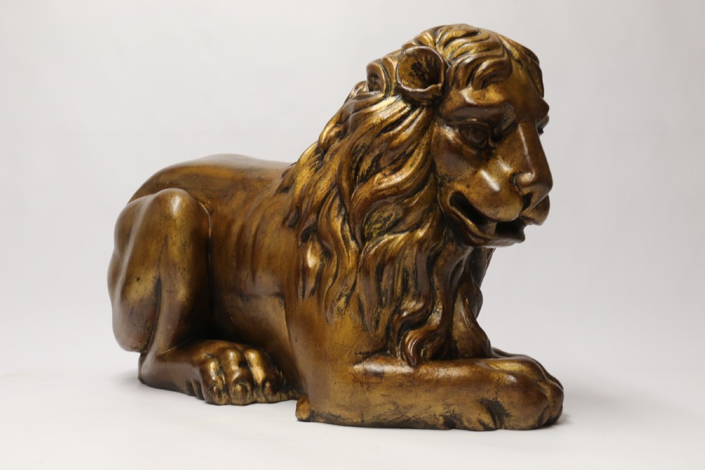 A most impressive 19th century pair of English carved gilt wood classical lions View XXIX