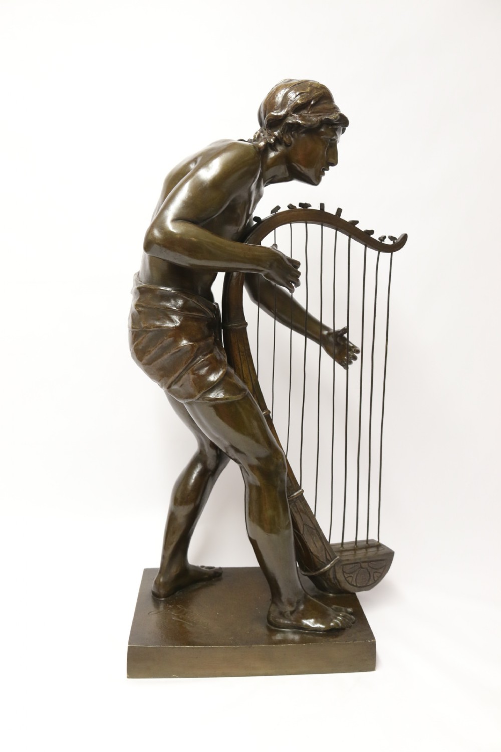 A large scale Belgium bronze study of the biblical figure of David playing the harp by Jean De Keyser
C.1880

 View III