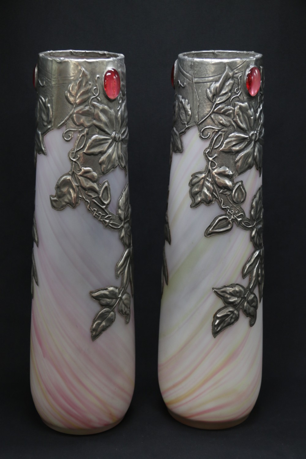 A large pair of Arts and Crafts glass vases with pewter overlaid decoration View IV