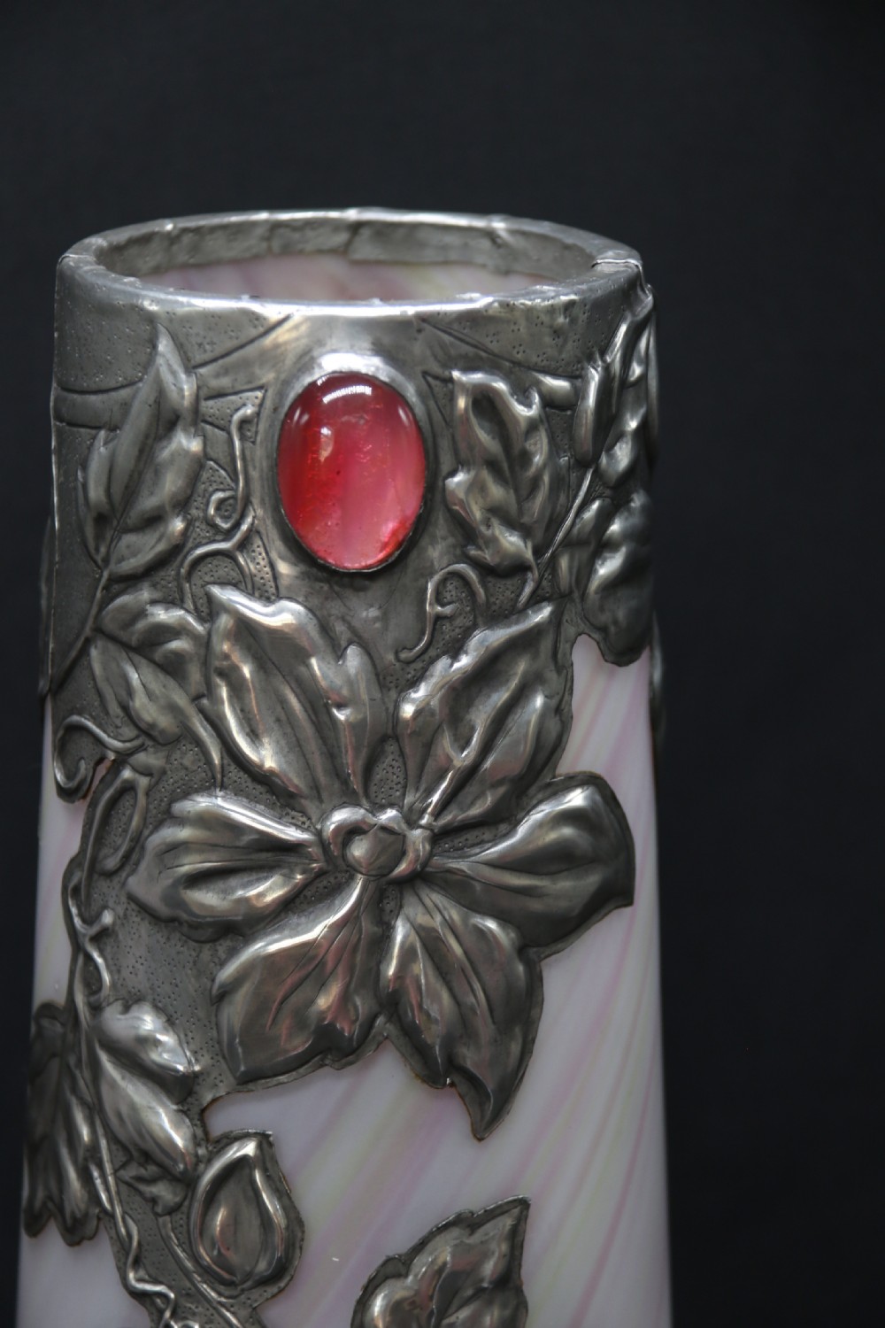 A large pair of Arts and Crafts glass vases with pewter overlaid decoration View VI
