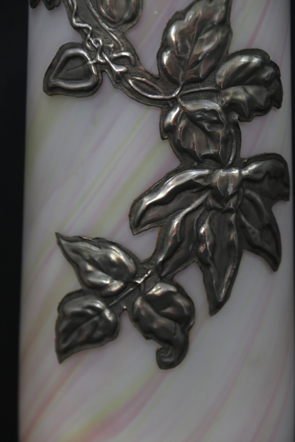 A large pair of Arts and Crafts glass vases with pewter overlaid decoration View VIII