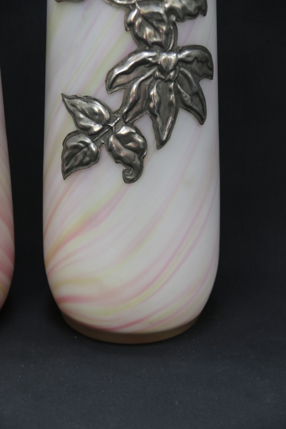 A large pair of Arts and Crafts glass vases with pewter overlaid decoration View IX