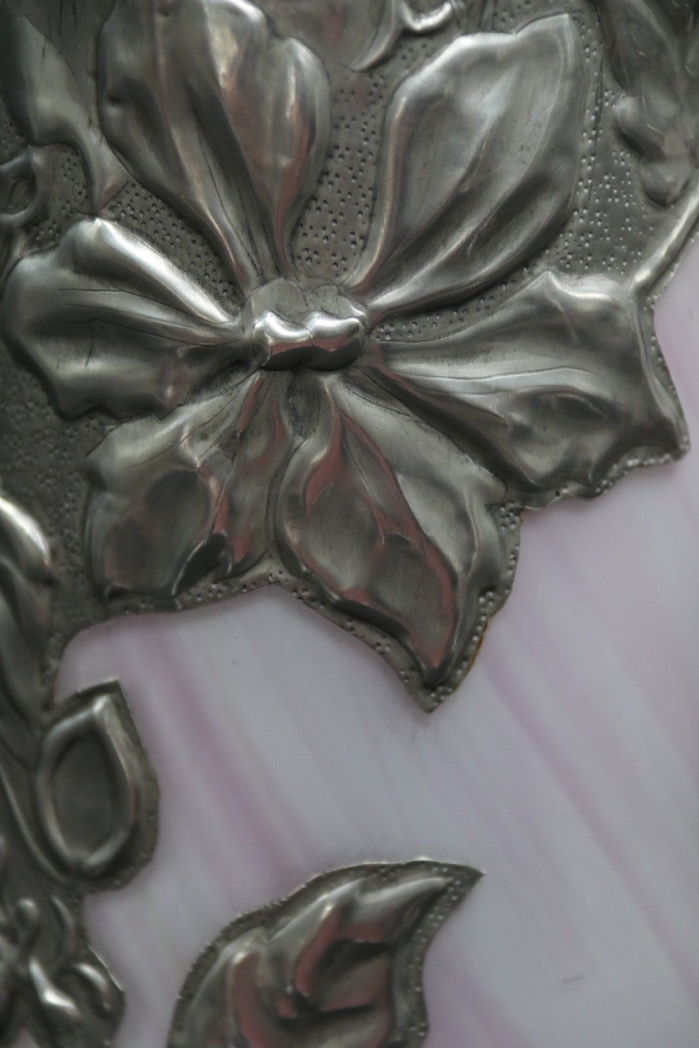 A large pair of Arts and Crafts glass vases with pewter overlaid decoration View X