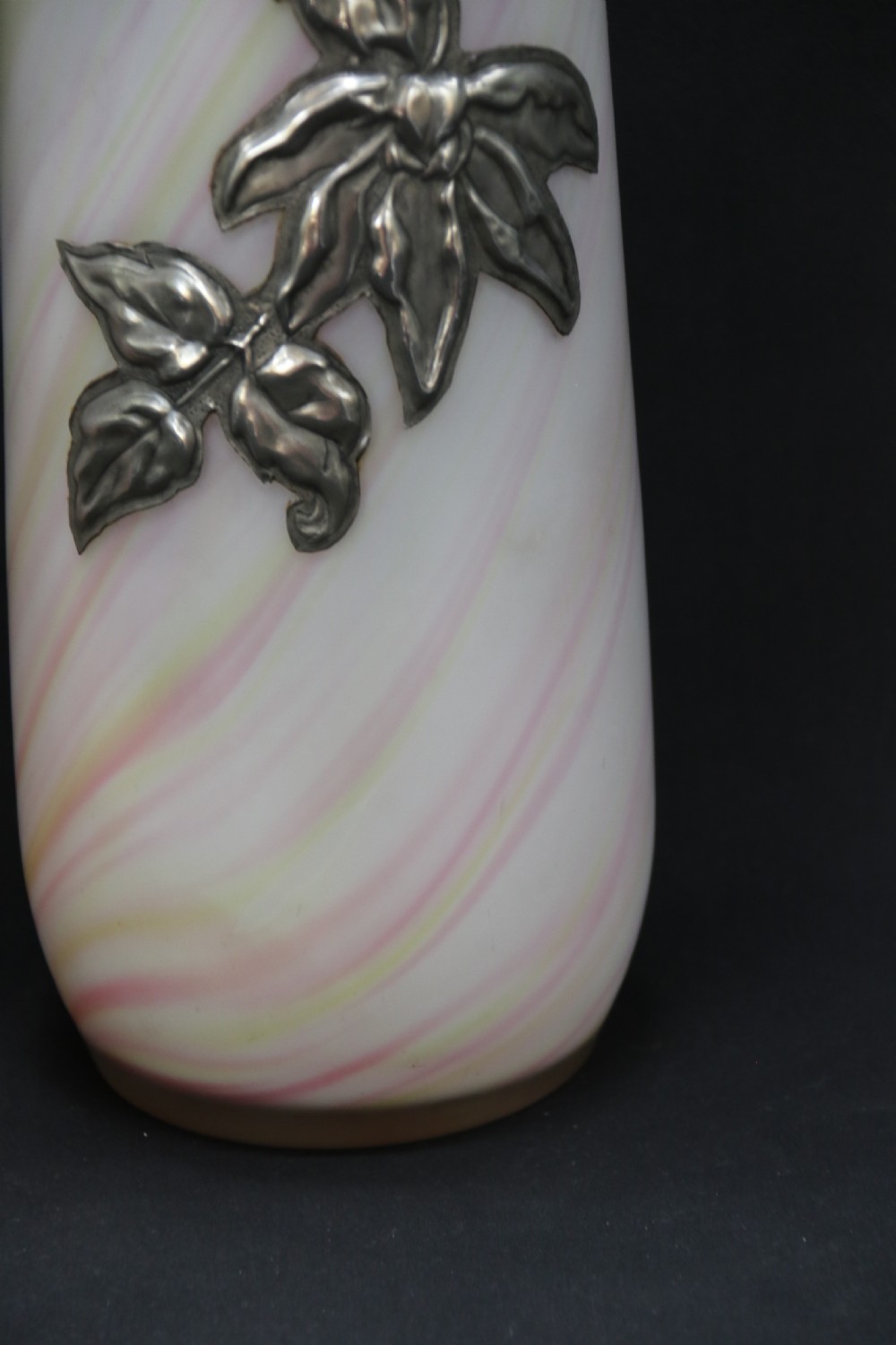 A large pair of Arts and Crafts glass vases with pewter overlaid decoration View XIII
