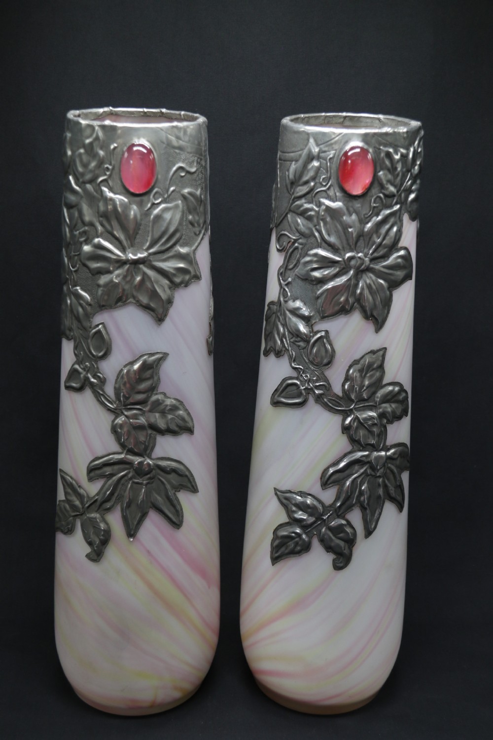 A large pair of Arts and Crafts glass vases with pewter overlaid decoration View XIV