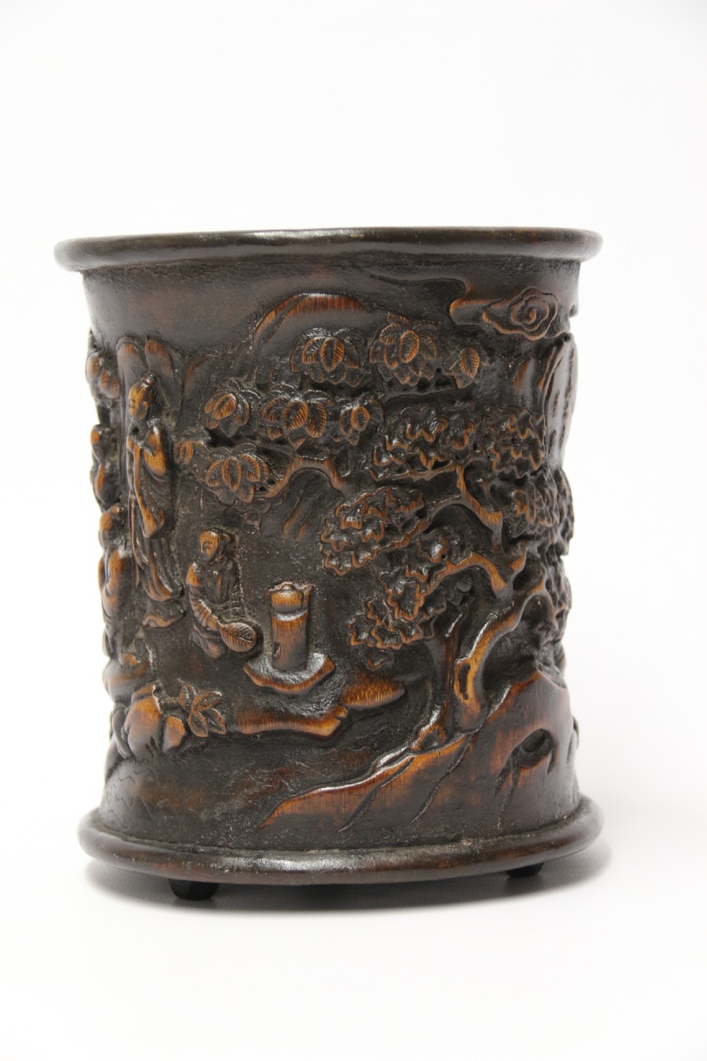 A Chinese carved bamboo and hardwood brush pot View II