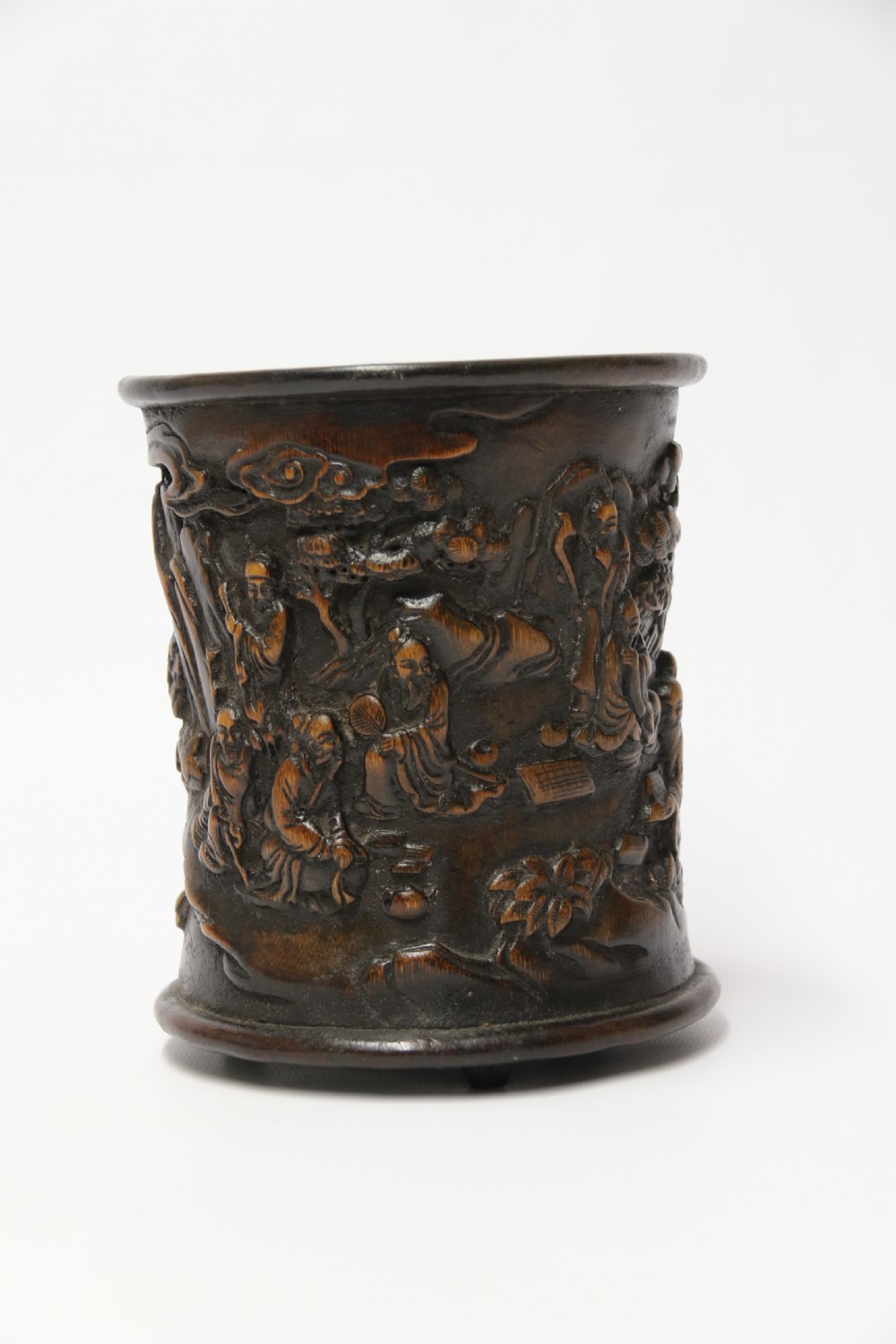 A Chinese carved bamboo and hardwood brush pot View V