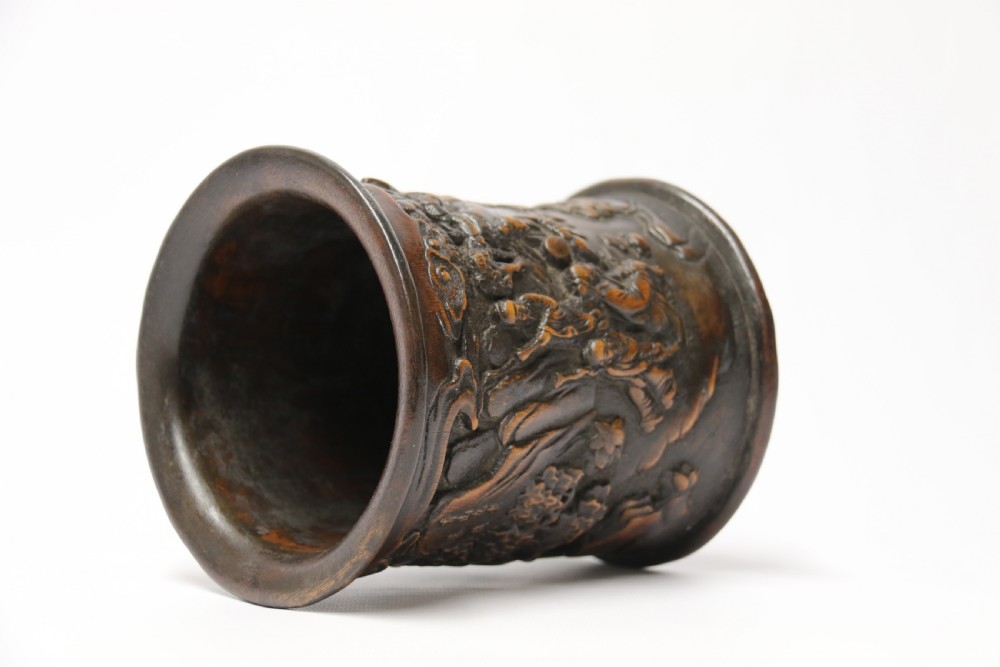 A Chinese carved bamboo and hardwood brush pot View VI