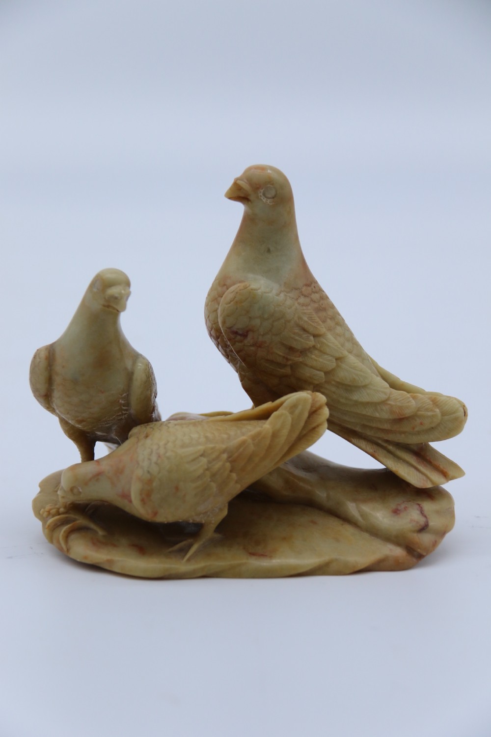 A superb 19th century Chinese soapstone carved figure group of three pigeons View II