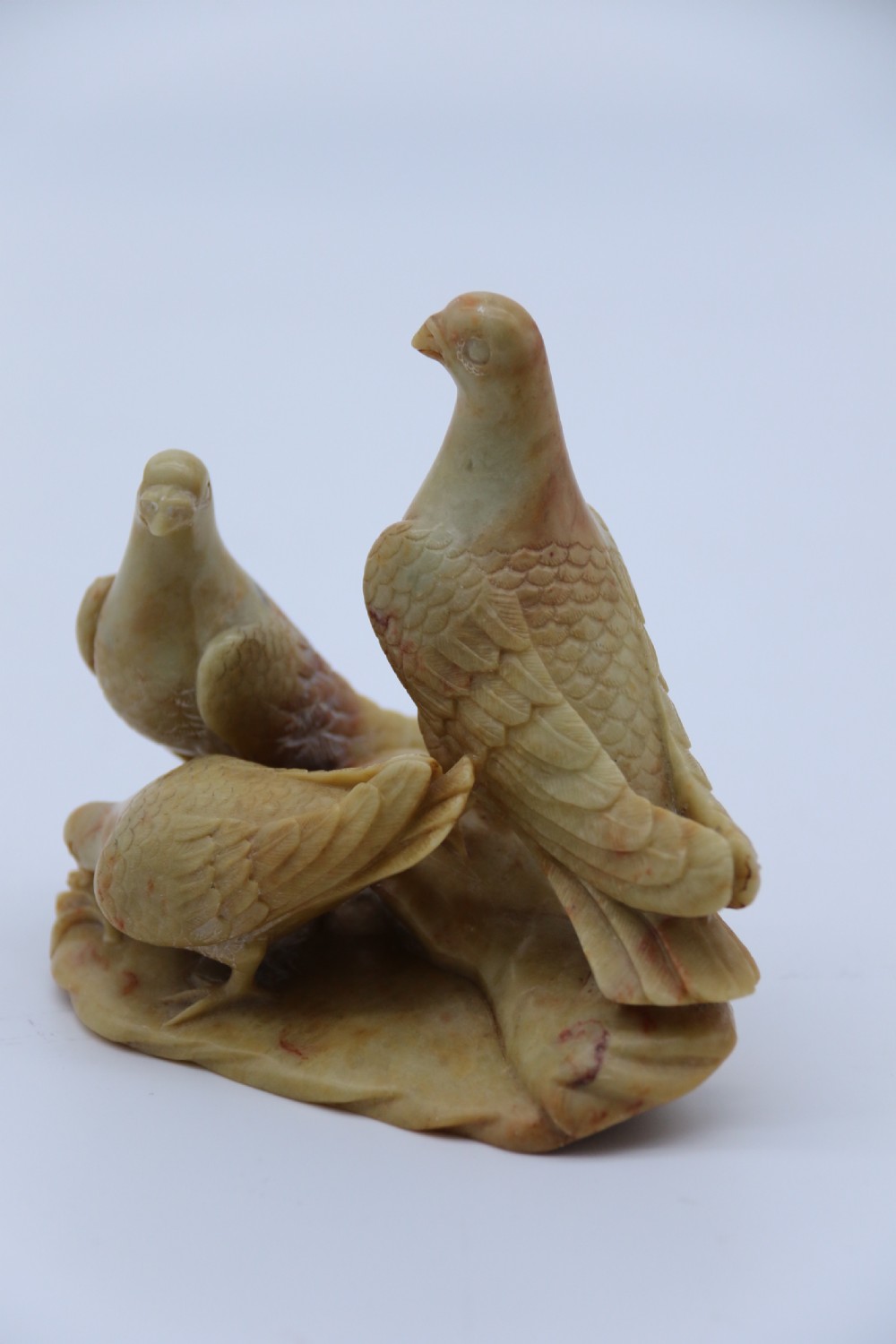 A superb 19th century Chinese soapstone carved figure group of three pigeons View III