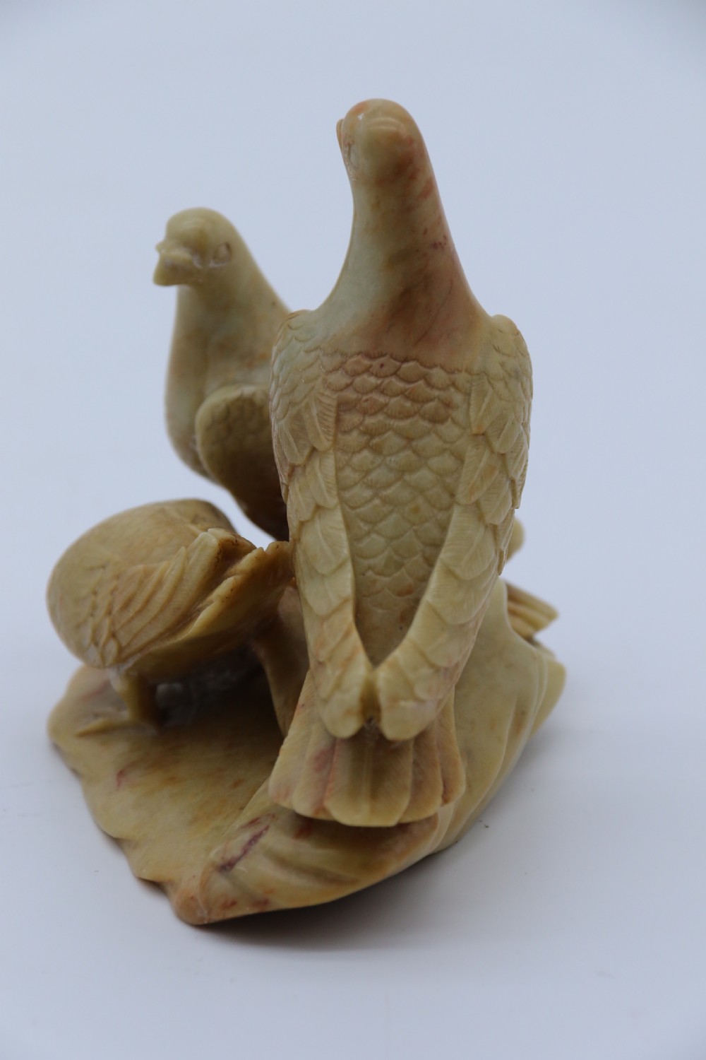 A superb 19th century Chinese soapstone carved figure group of three pigeons View IV