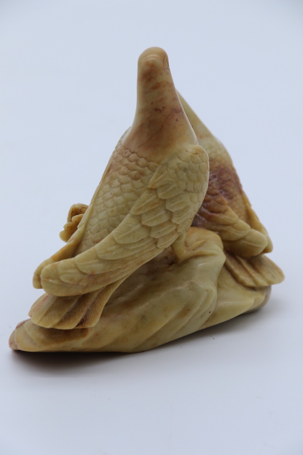 A superb 19th century Chinese soapstone carved figure group of three pigeons View V