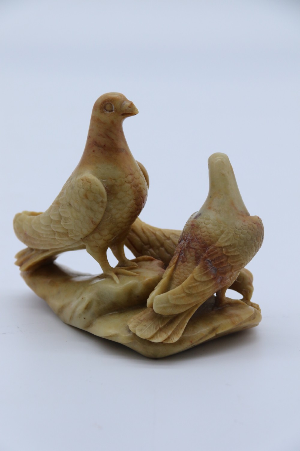 A superb 19th century Chinese soapstone carved figure group of three pigeons View VII