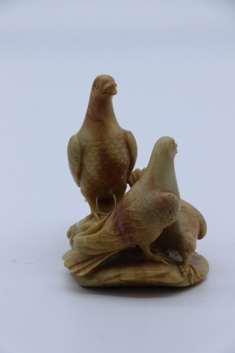 A superb 19th century Chinese soapstone carved figure group of three pigeons View VIII