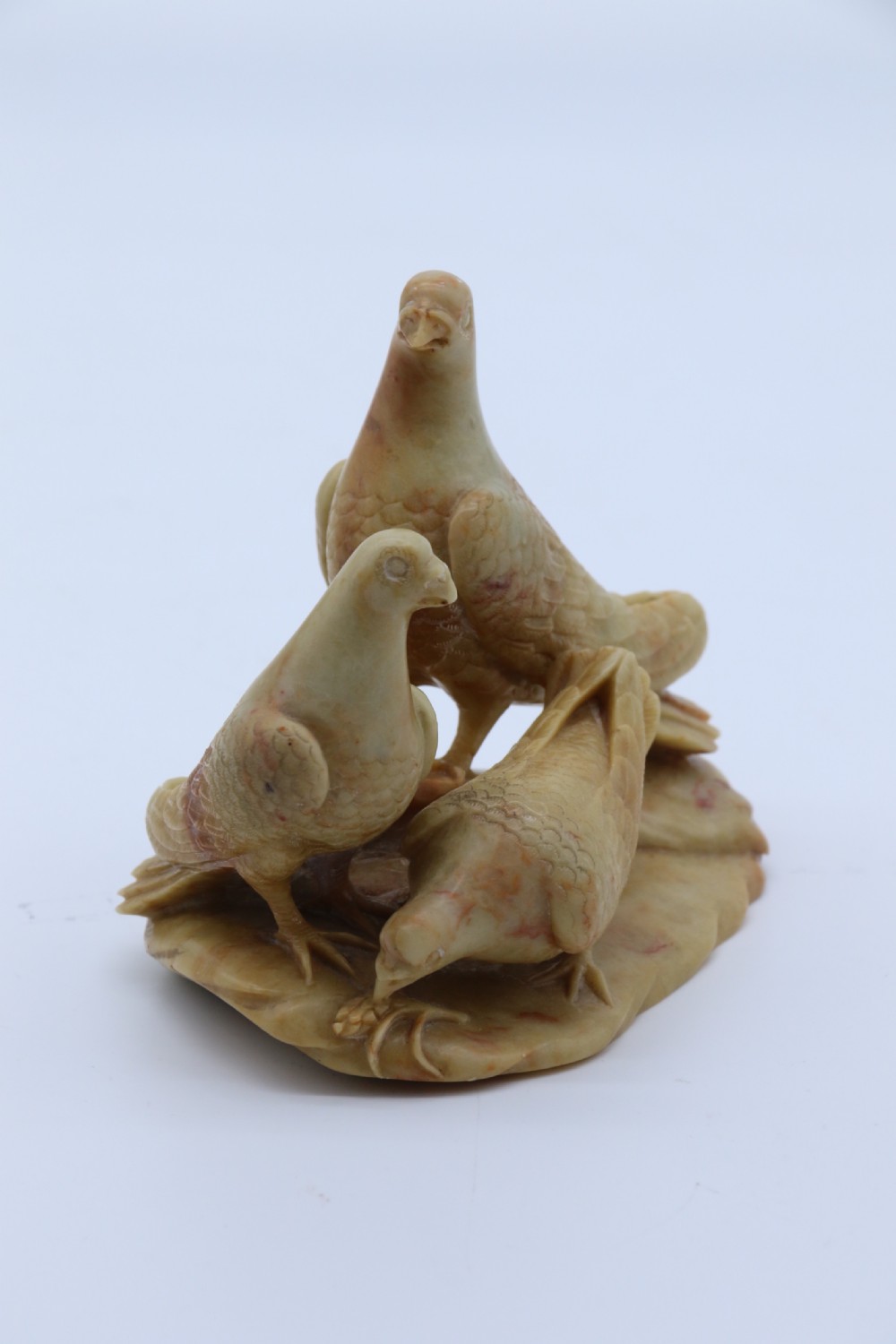 A superb 19th century Chinese soapstone carved figure group of three pigeons View IX