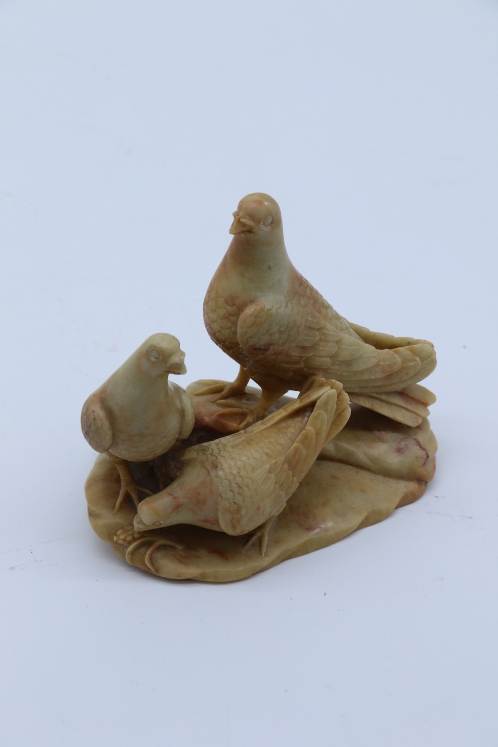 A superb 19th century Chinese soapstone carved figure group of three pigeons View XI