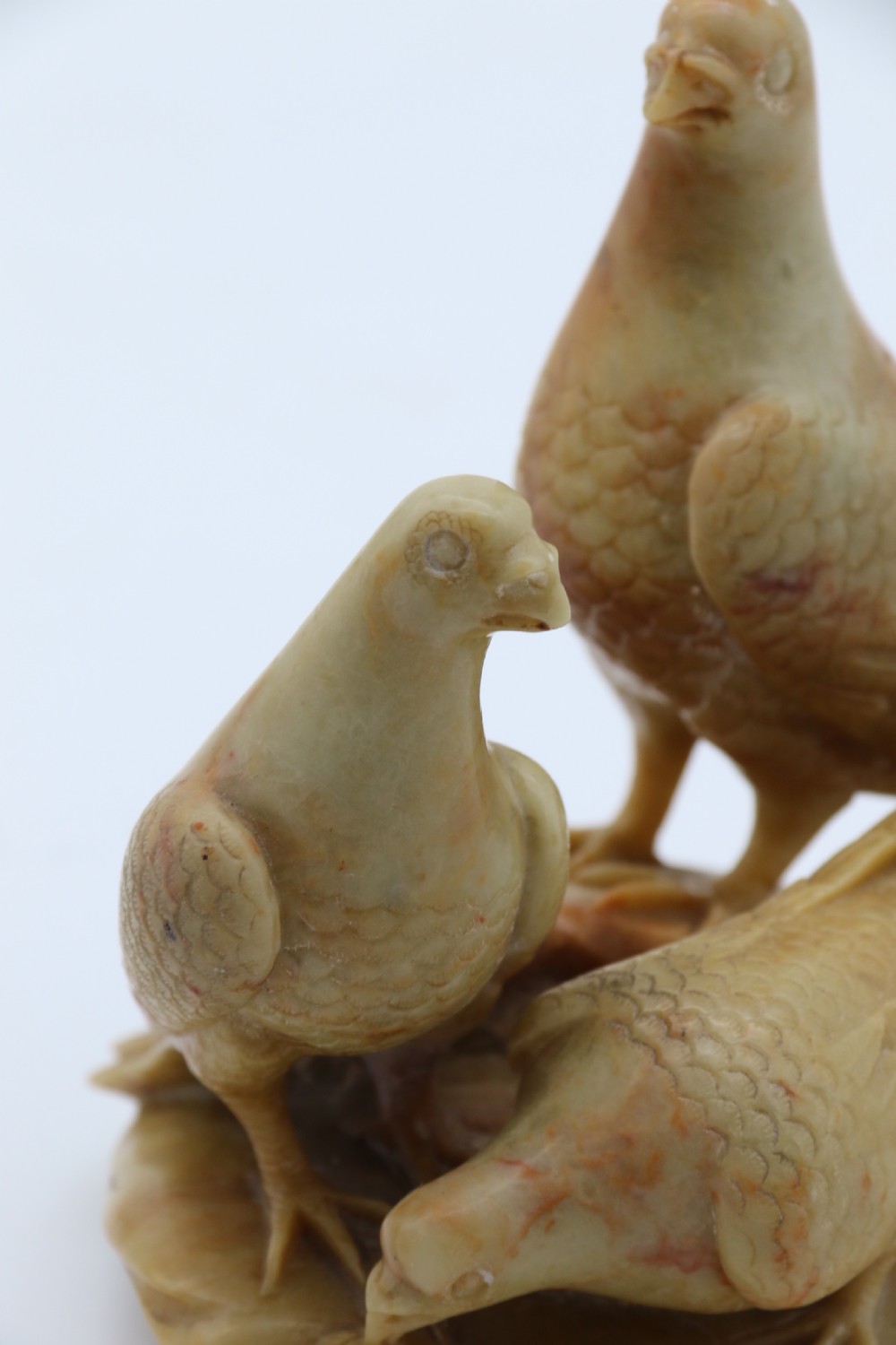 A superb 19th century Chinese soapstone carved figure group of three pigeons View XII