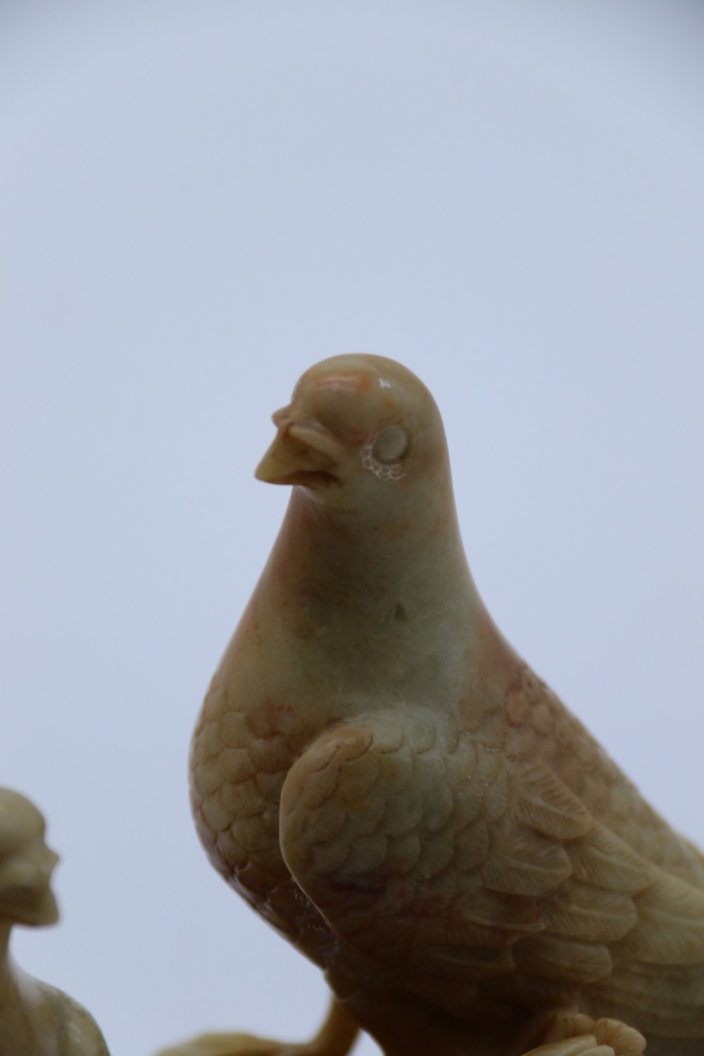 A superb 19th century Chinese soapstone carved figure group of three pigeons View XIV