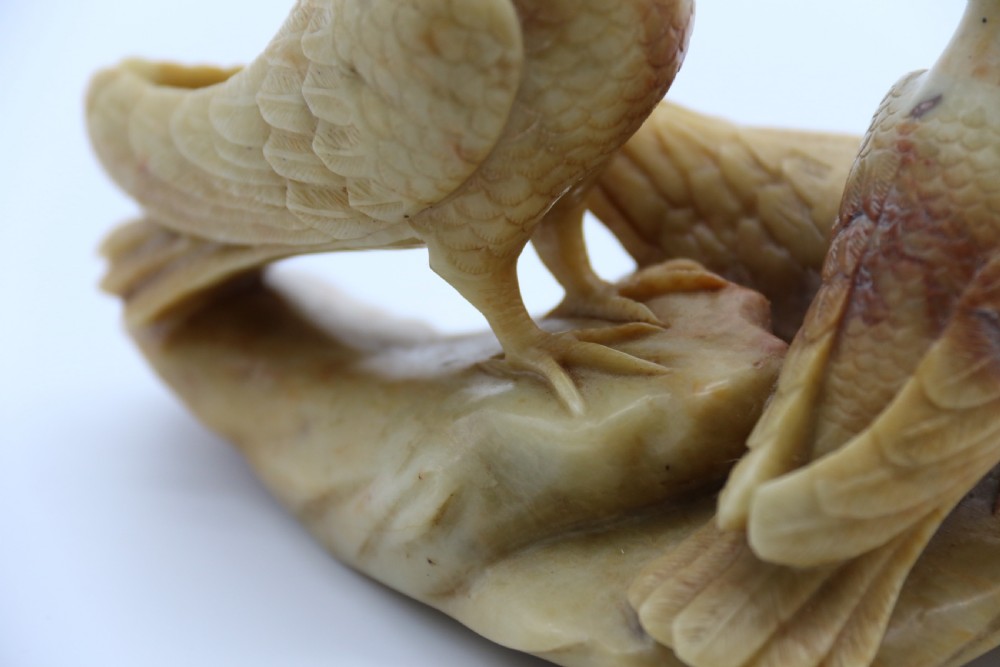 A superb 19th century Chinese soapstone carved figure group of three pigeons View XVII