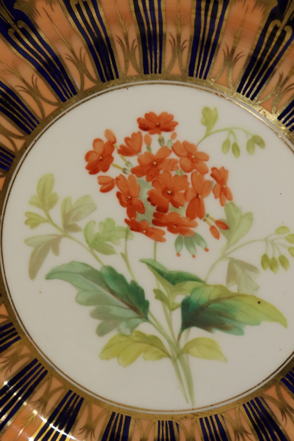 A pair of circular antique porcelain cabinet plates featuring central hand-painted floral motifs surrounded by elaborate gilded and cobalt blue borders. View XIV