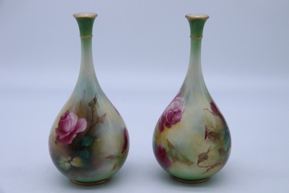 An exquisite pair of Hadley’s Royal Worcester hand painted vases by Harry Martin, C 1907 View V