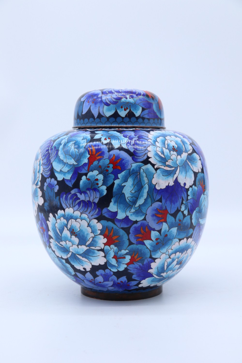 stunning Chinese large cloisonné ginger jar enamelled with peonies, c 1930 View II