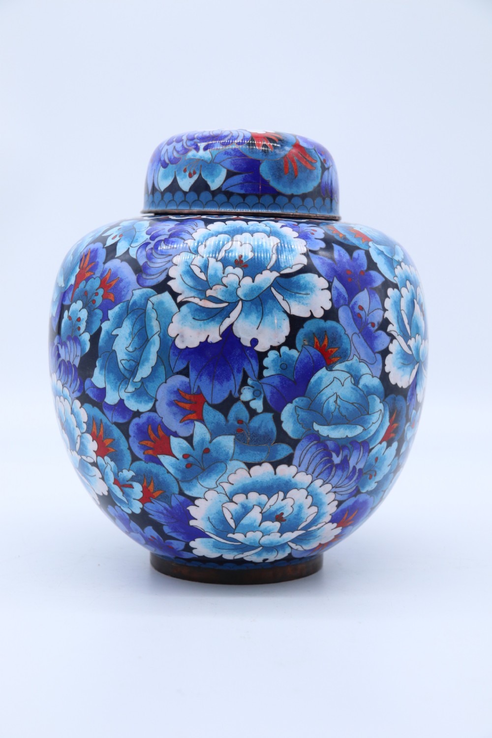 stunning Chinese large cloisonné ginger jar enamelled with peonies, c 1930 View III