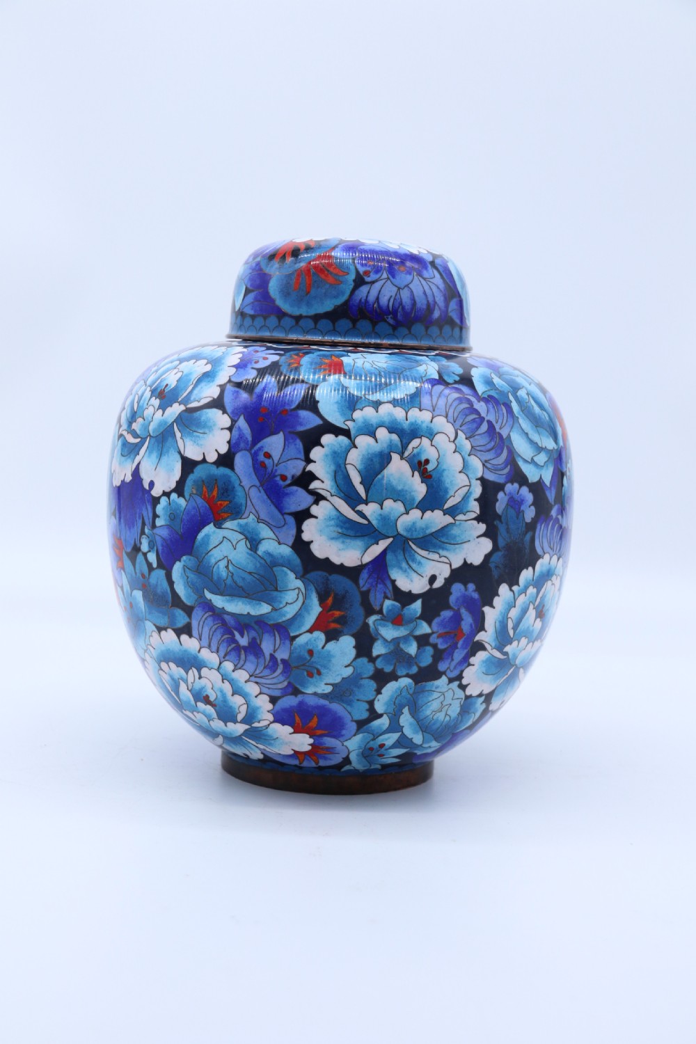 stunning Chinese large cloisonné ginger jar enamelled with peonies, c 1930 View IV