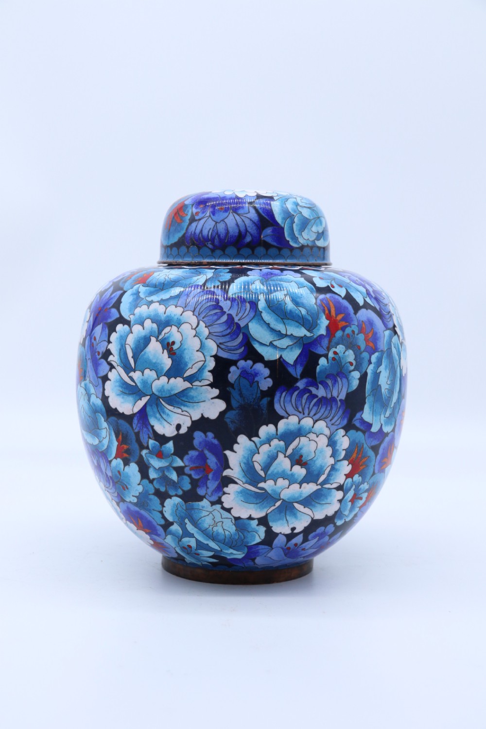 stunning Chinese large cloisonné ginger jar enamelled with peonies, c 1930 View V