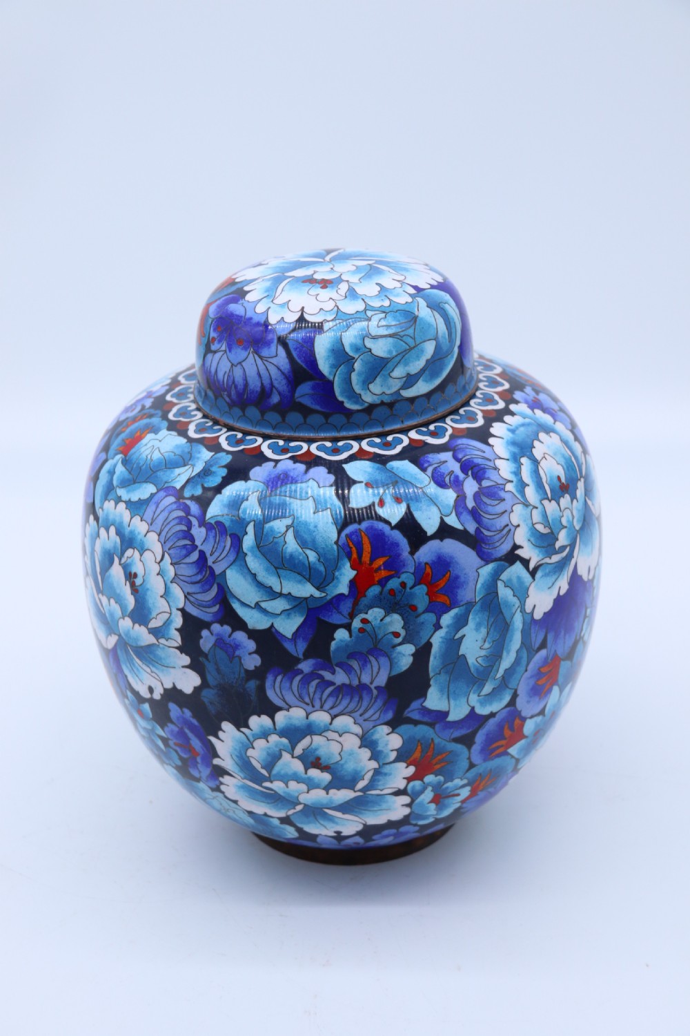 stunning Chinese large cloisonné ginger jar enamelled with peonies, c 1930 View VII