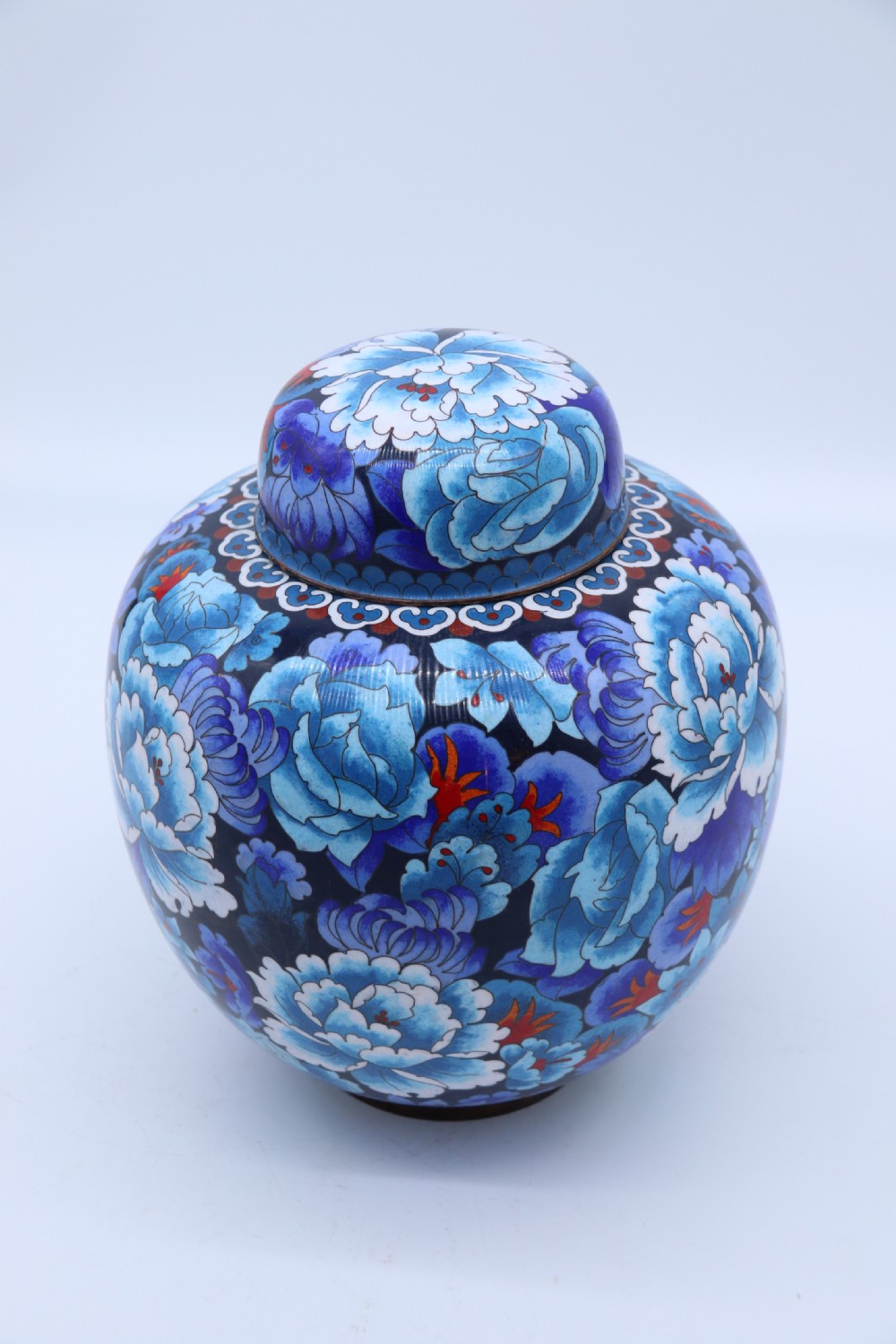 stunning Chinese large cloisonné ginger jar enamelled with peonies, c 1930 View VIII