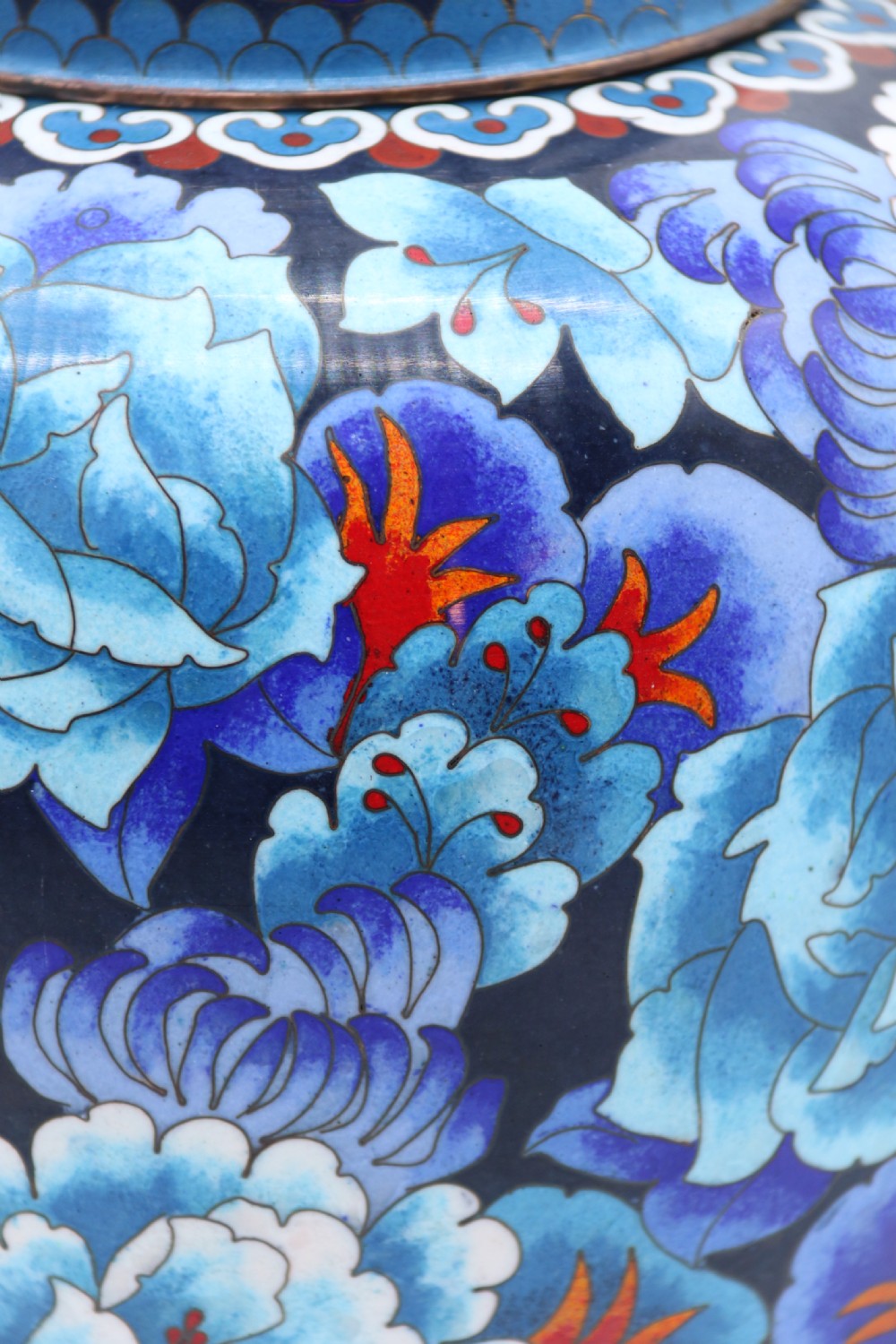 stunning Chinese large cloisonné ginger jar enamelled with peonies, c 1930 View IX