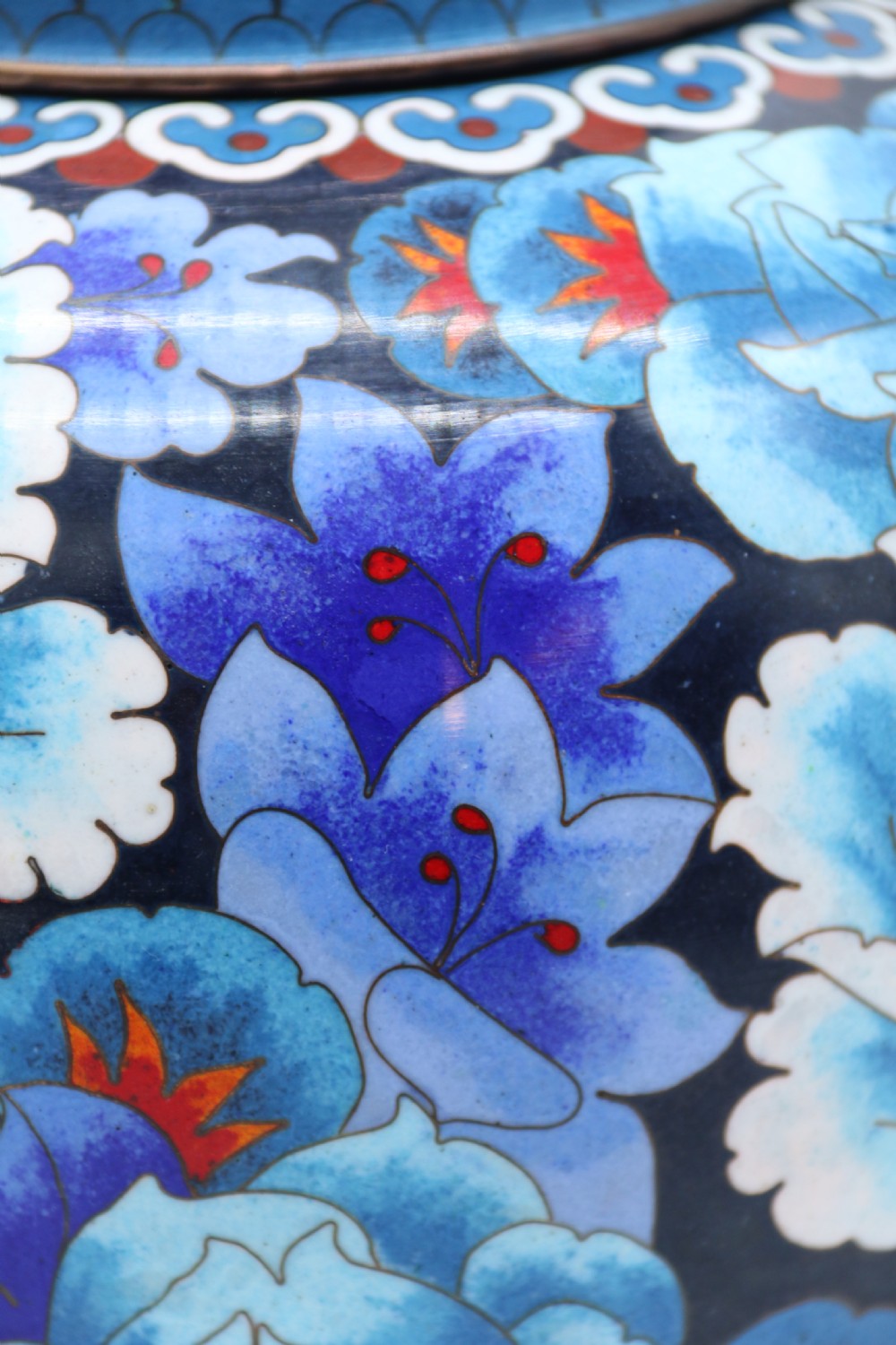 stunning Chinese large cloisonné ginger jar enamelled with peonies, c 1930 View X