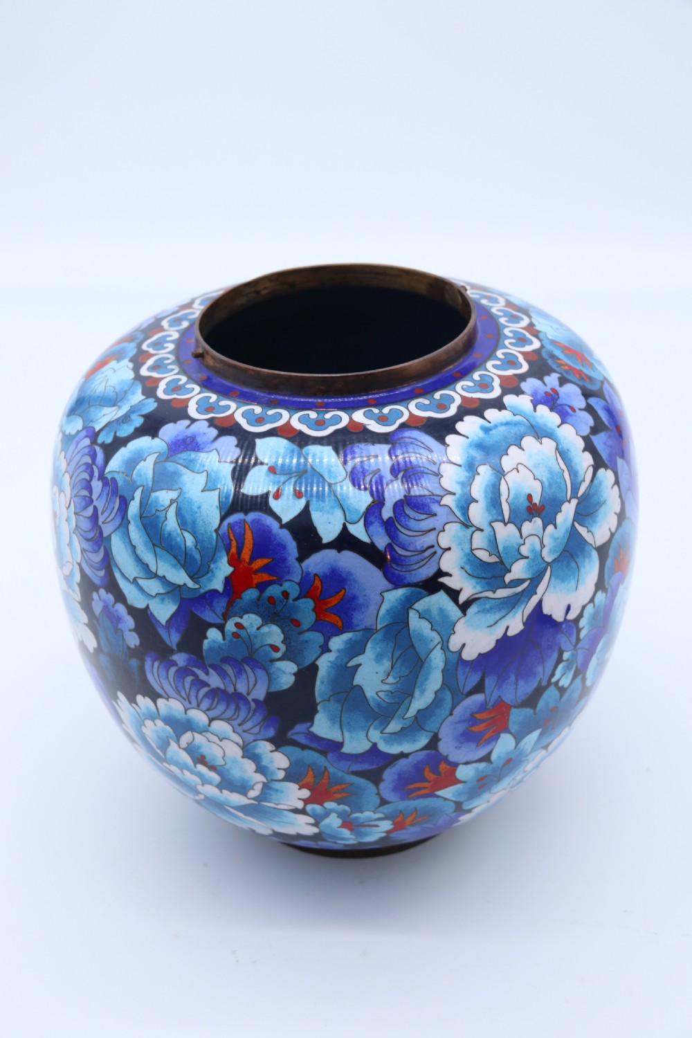 stunning Chinese large cloisonné ginger jar enamelled with peonies, c 1930 View XIV