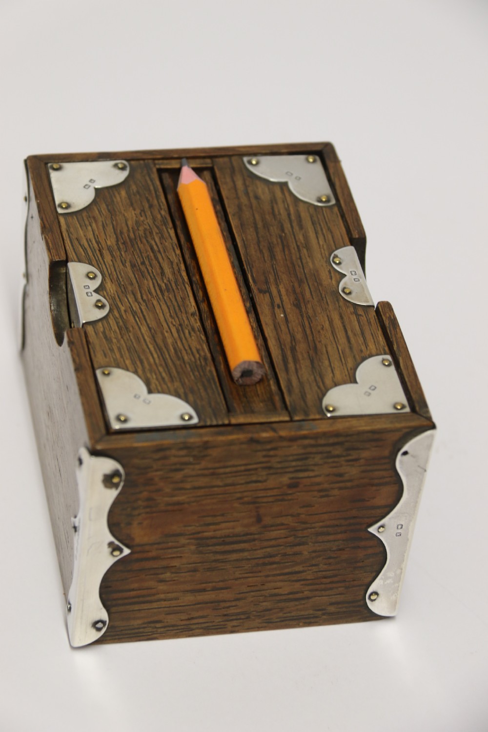 A small Edwardian silver mounted oak bridge pencil box 1909 - 10 View III