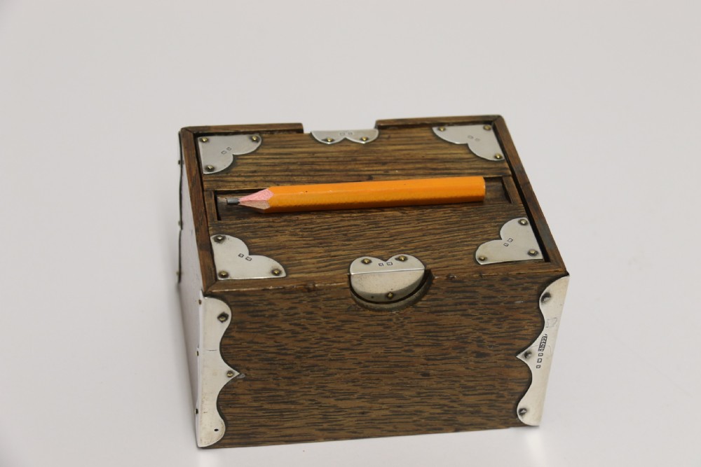 A small Edwardian silver mounted oak bridge pencil box 1909 - 10 View V