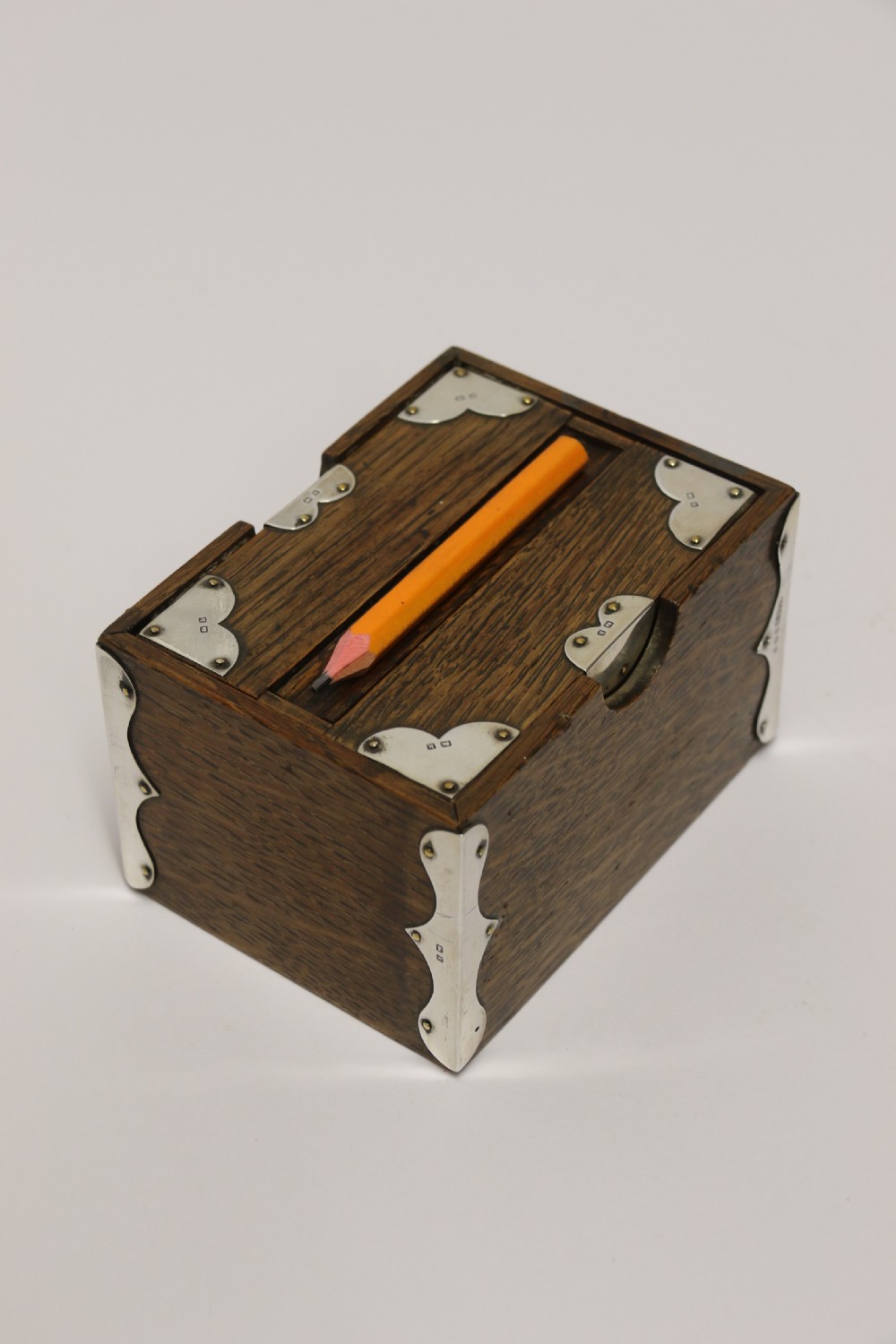 A small Edwardian silver mounted oak bridge pencil box 1909 - 10 View VI