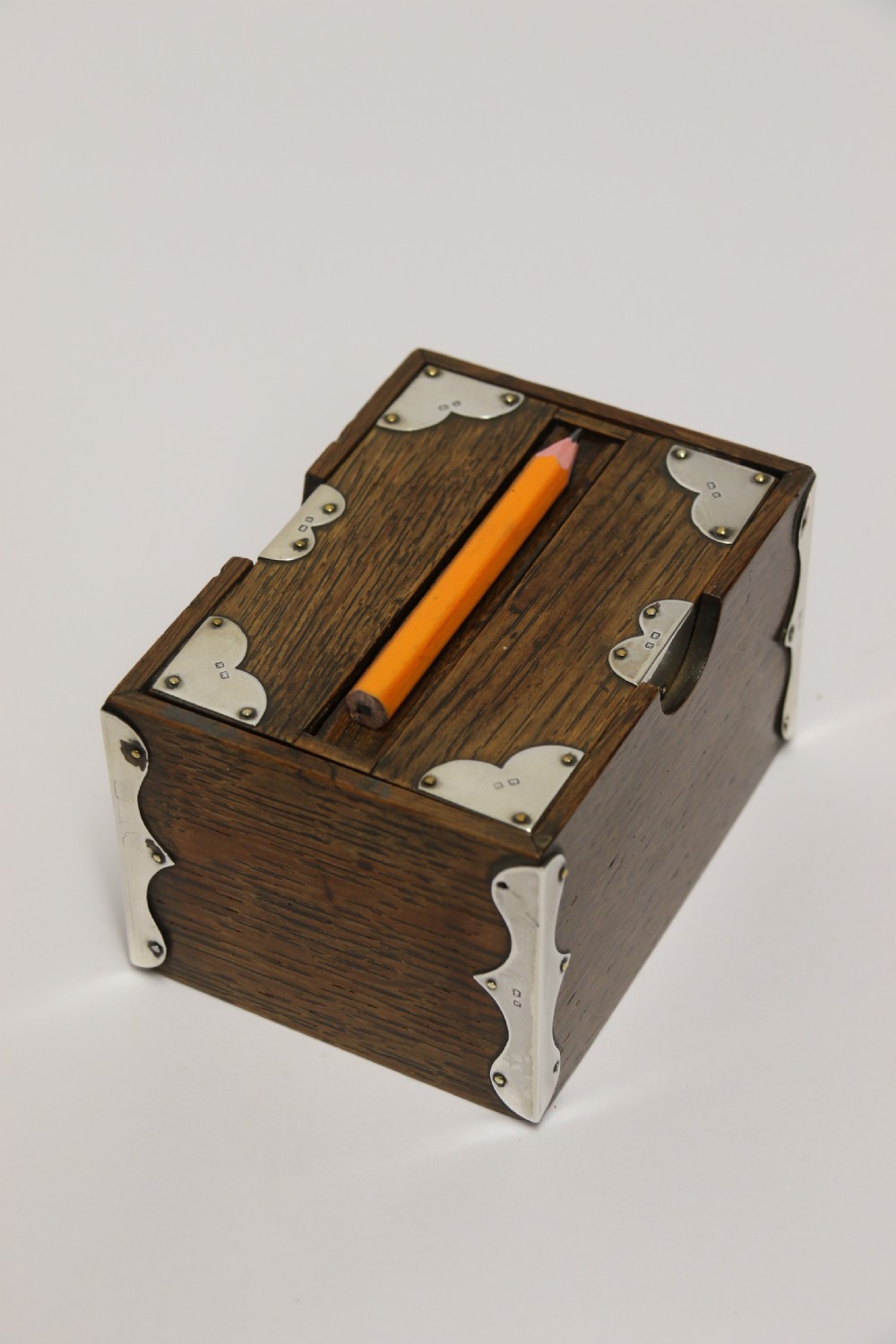 A small Edwardian silver mounted oak bridge pencil box 1909 - 10 View VIII