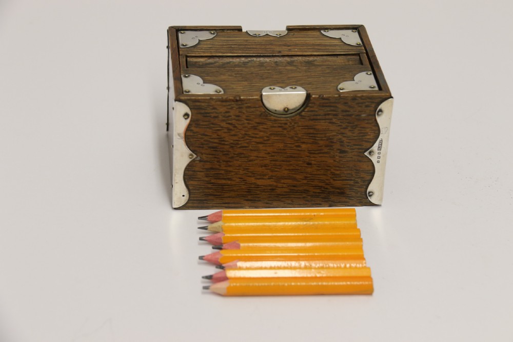 A small Edwardian silver mounted oak bridge pencil box 1909 - 10 View XIV