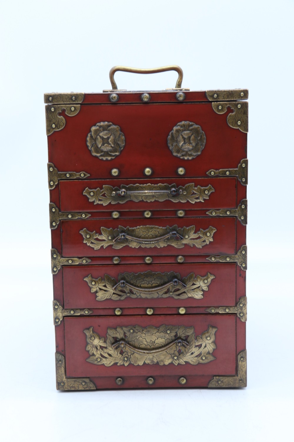 A superb late 19th century Japanese red lacquer and bronze mounted collectors or jewellery cabinet. View II